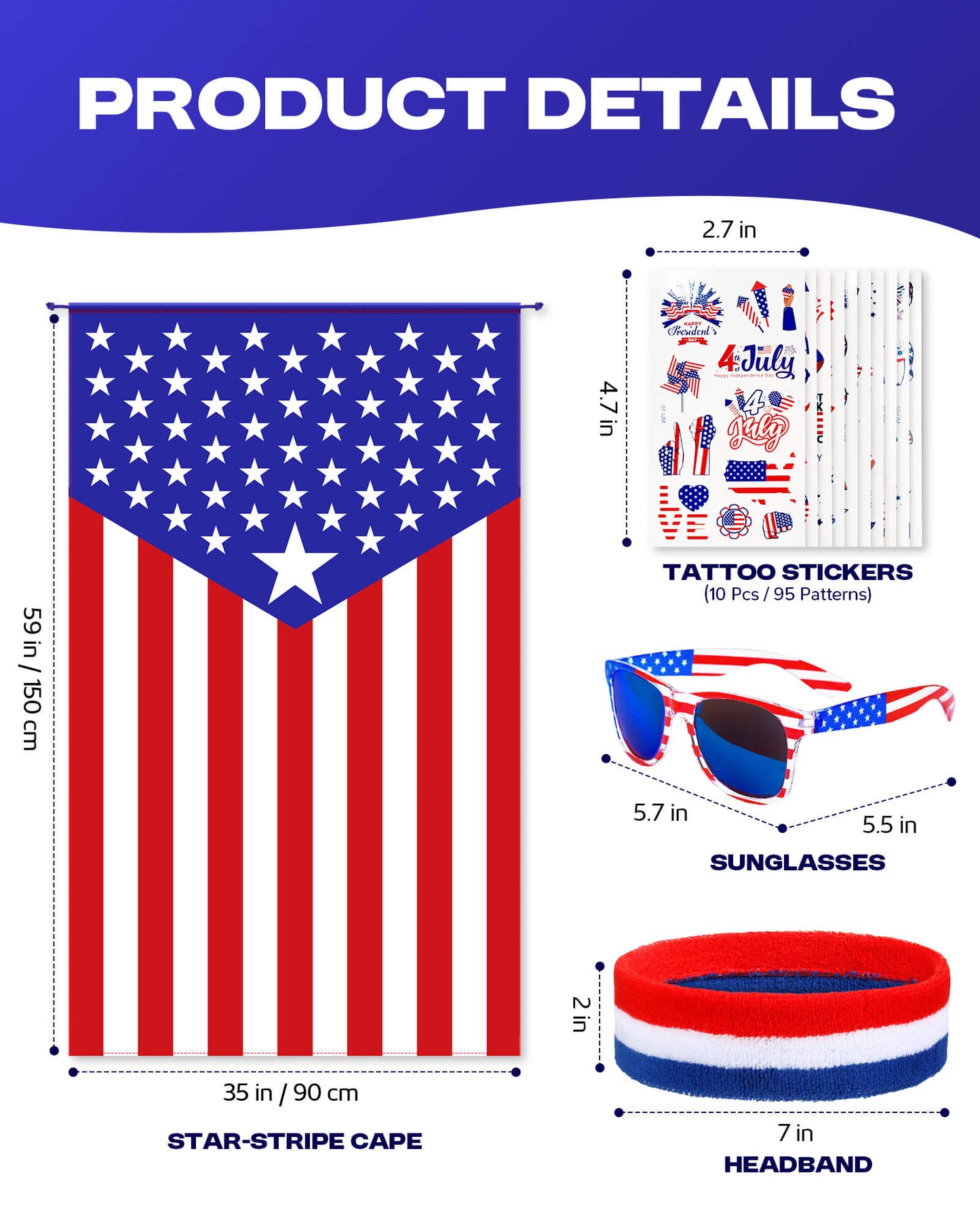 American Flag Cape Set with Star Headband, Sunglasses & Tattoos