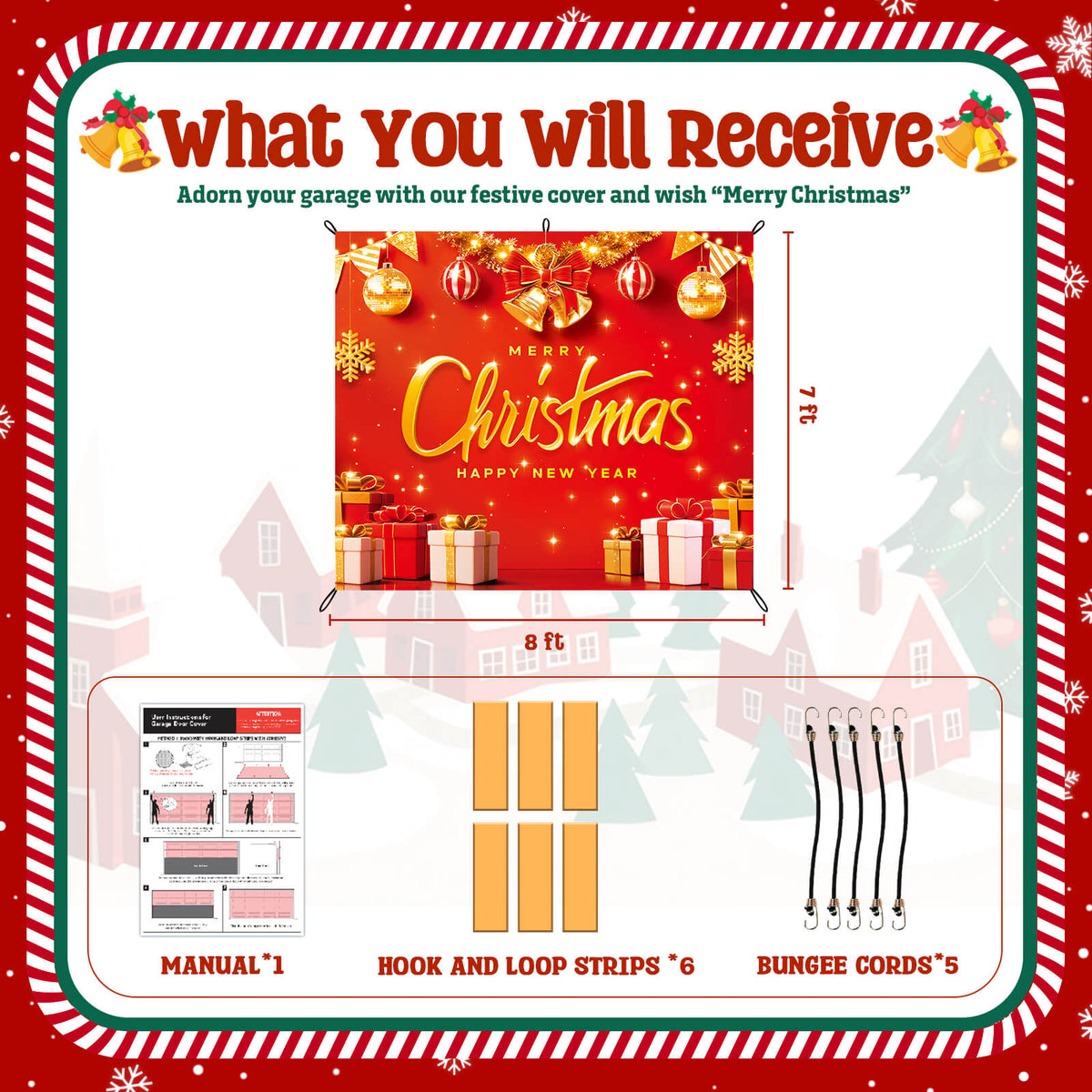 Christmas Garage Door Cover, 7x8 ft, Red & Gold Merry Christmas