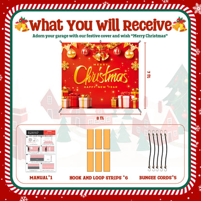 Christmas Garage Door Cover, 7x8 ft, Red & Gold Merry Christmas