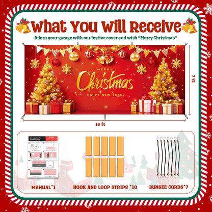 Christmas Garage Door Cover, 7x16 ft, Red & Gold Merry Christmas