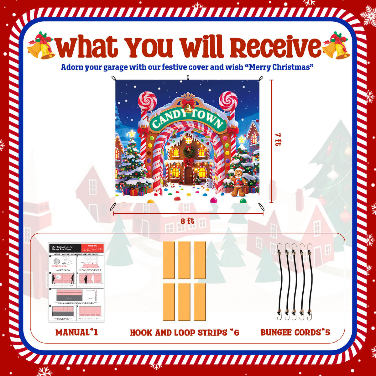 Christmas Garage Door Cover, 7x8 ft, Candy Town