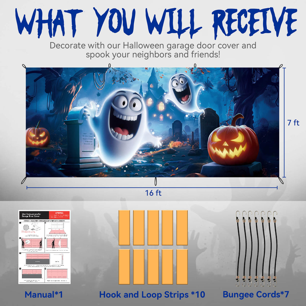 Halloween Garage Door Cover, 7x16 ft, Cute Ghost