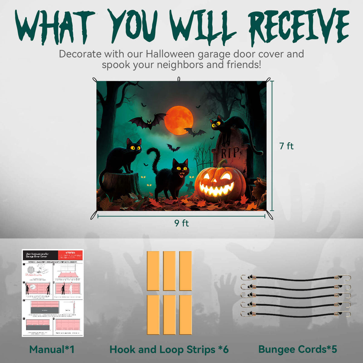 Halloween Garage Door Cover, 7x8 ft,  Black Cats
