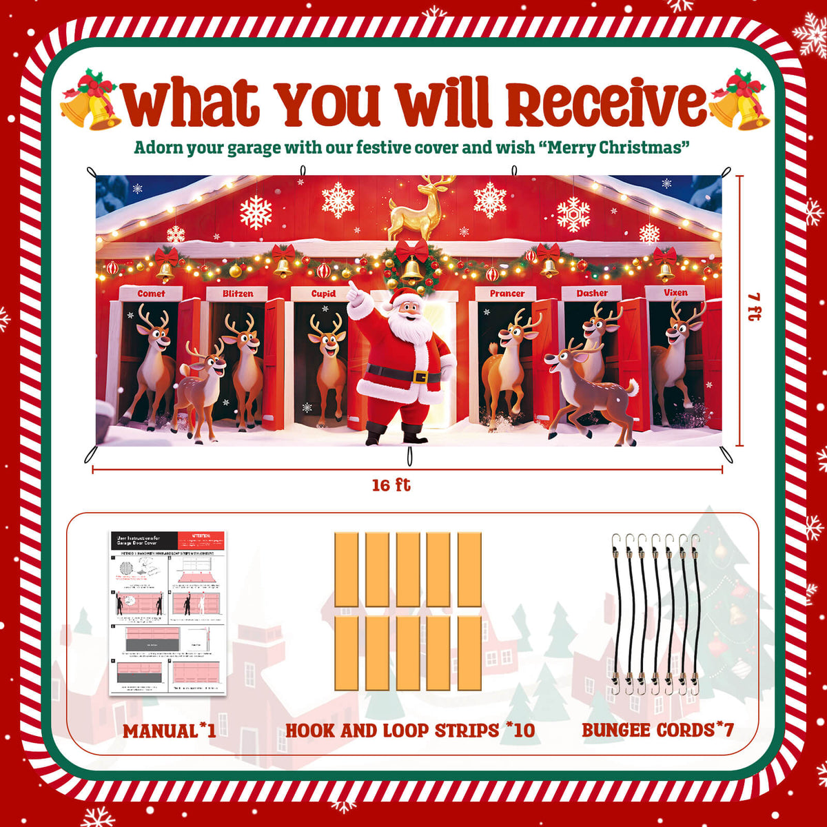 Christmas Garage Door Cover, 7x16 ft, Santa and His Reindeer Team