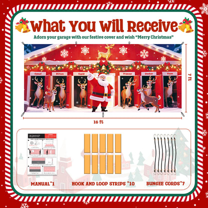 Christmas Garage Door Cover, 7x16 ft, Santa and His Reindeer Team