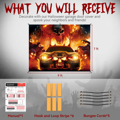 Halloween Garage Door Cover, 7x8 ft, Skull & Fire Vehicle