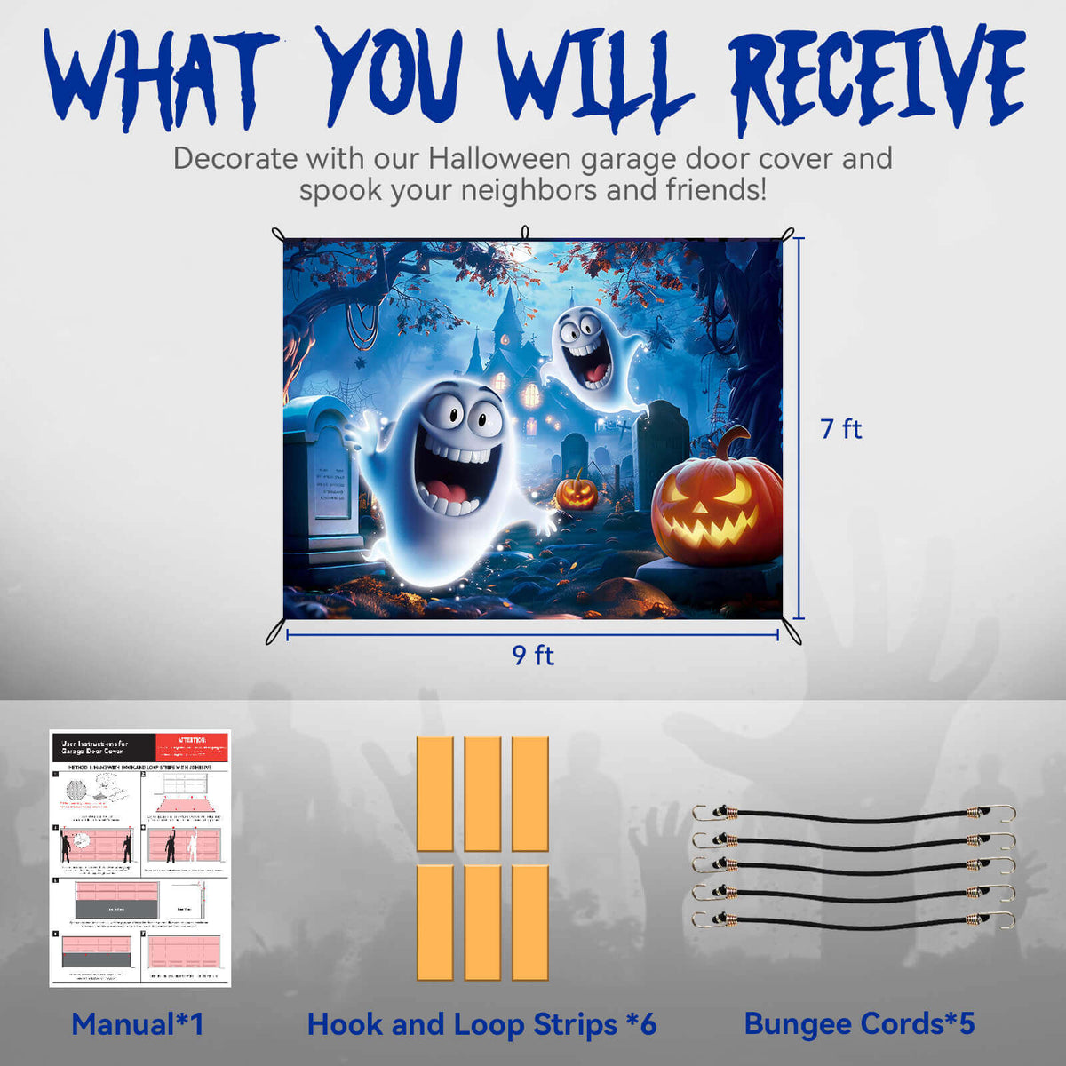 Halloween Garage Door Cover, 7x8 ft, Cute Ghost