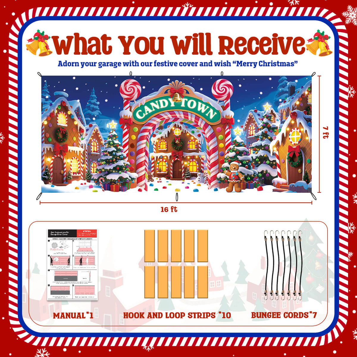 Christmas Garage Door Cover, 7x16 ft, Candy Town
