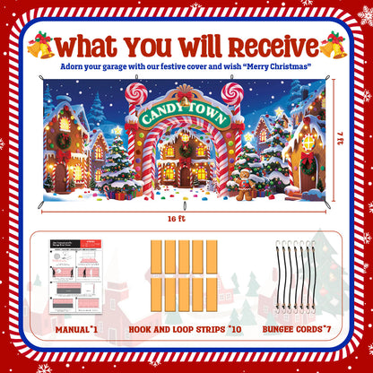 Christmas Garage Door Cover, 7x16 ft, Candy Town
