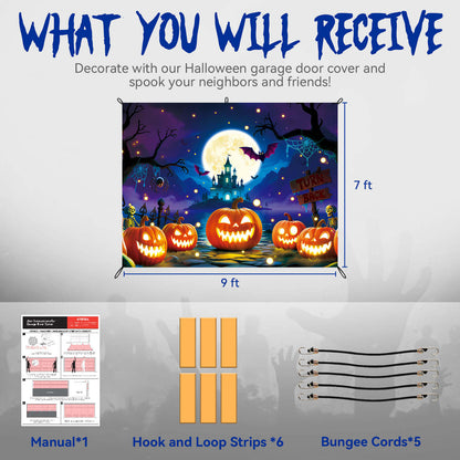 Halloween Garage Door Cover, 7x8 ft, Pumpkin
