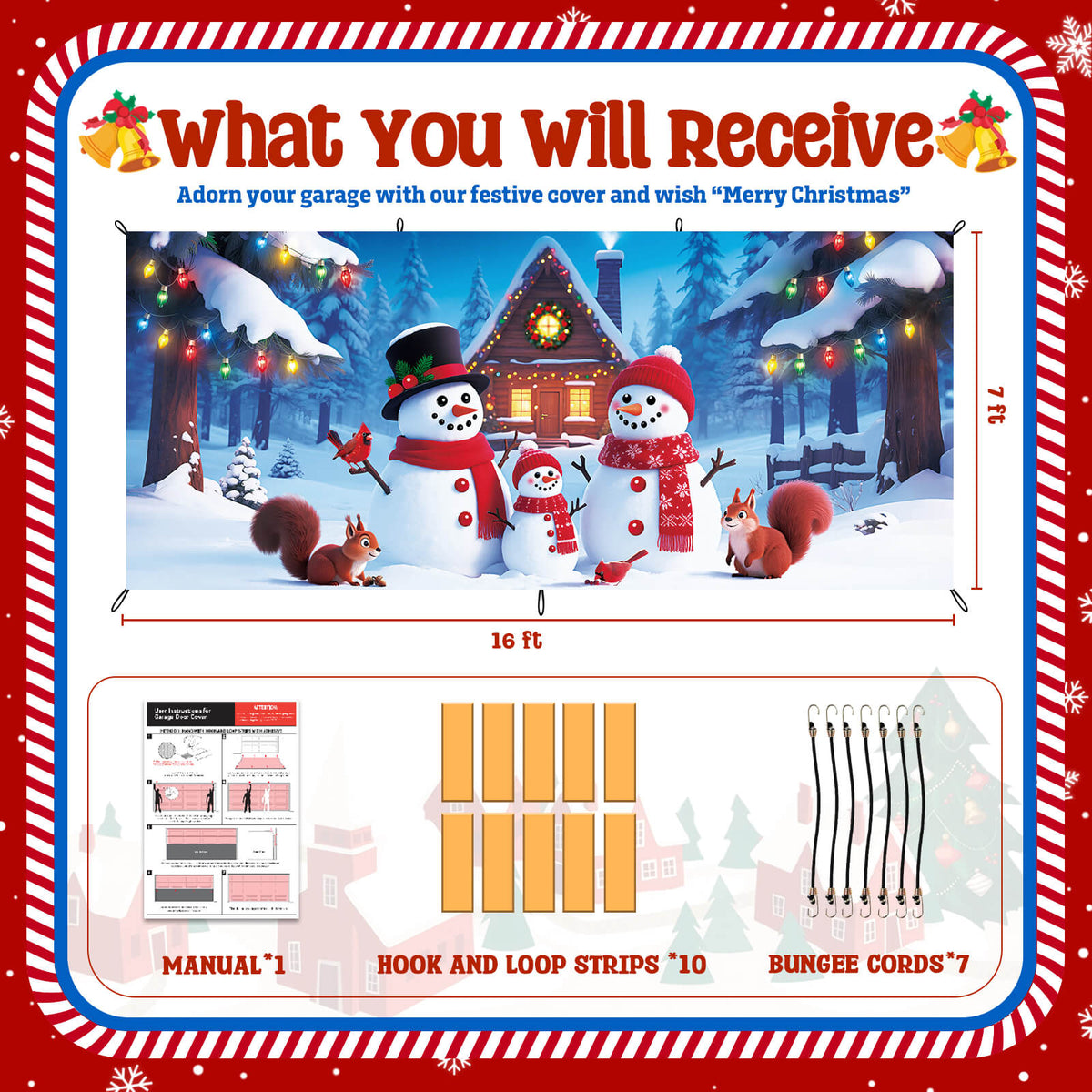 Christmas Garage Door Cover, 7x16 ft, Snowman Family