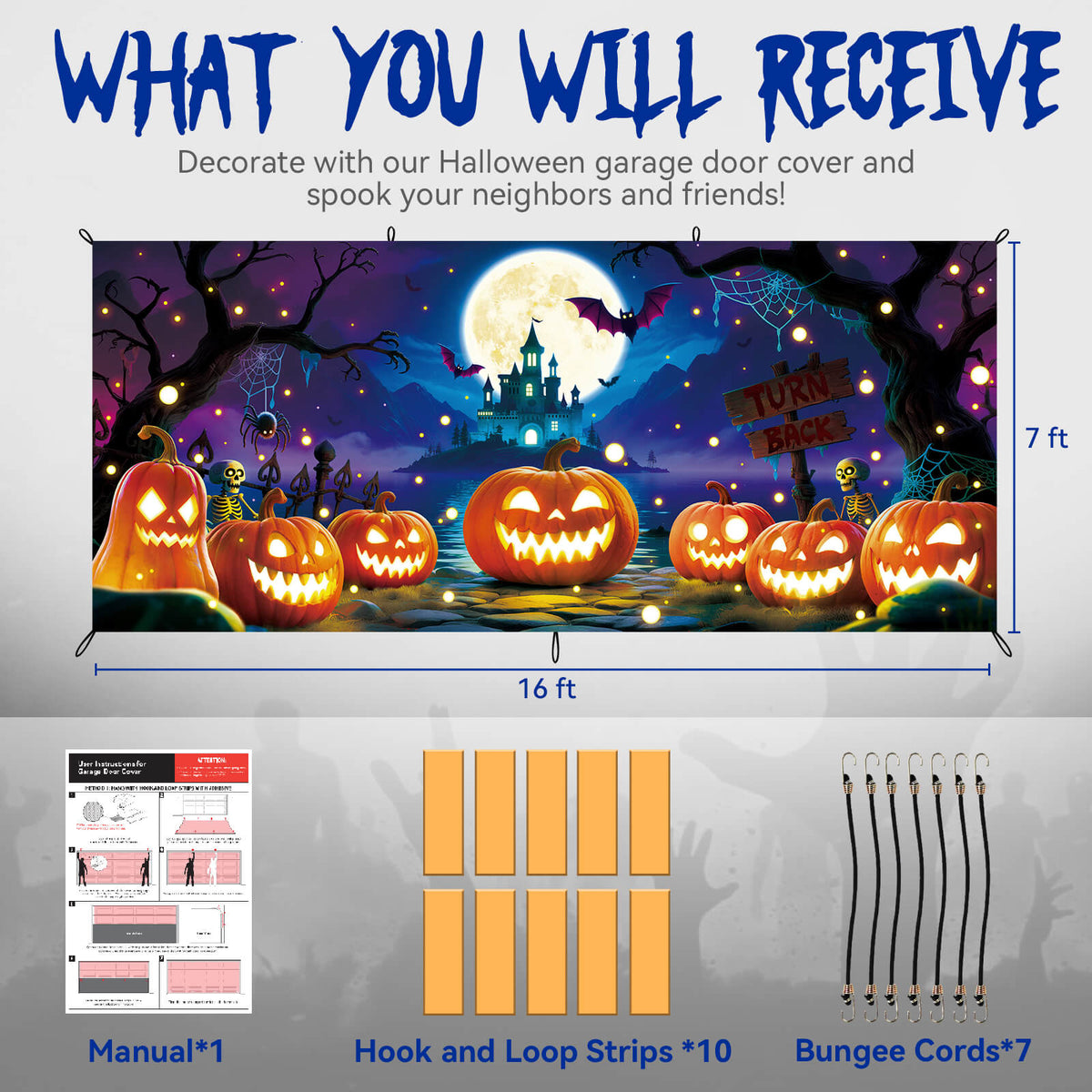 Halloween Garage Door Cover, 7x16 ft, Pumpkin