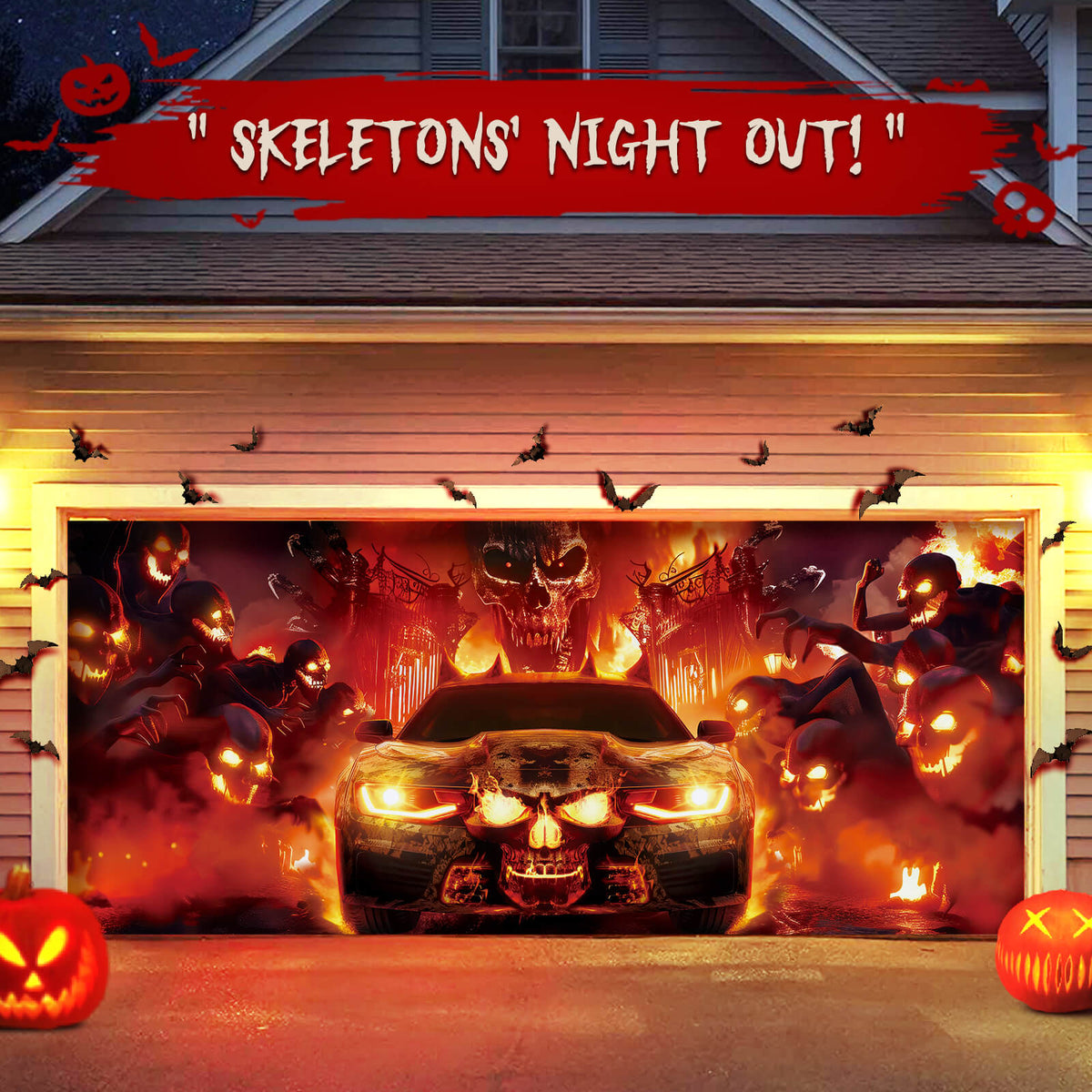 Halloween Garage Door Cover, 7x16 ft, Skull & Fire Vehicle