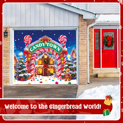 Christmas Garage Door Cover, 7x8 ft, Candy Town