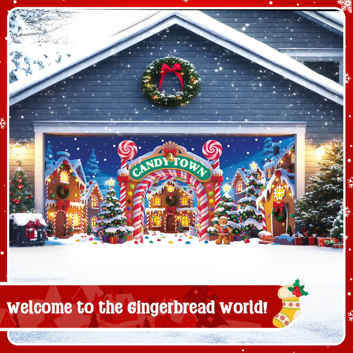 Christmas Garage Door Cover, 7x16 ft, Candy Town