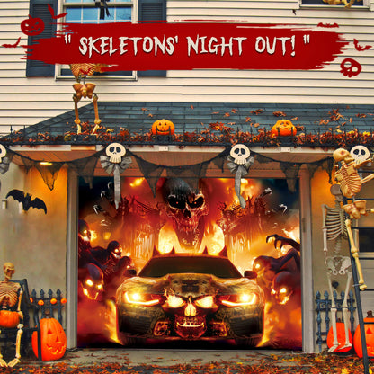 Halloween Garage Door Cover, 7x8 ft, Skull & Fire Vehicle