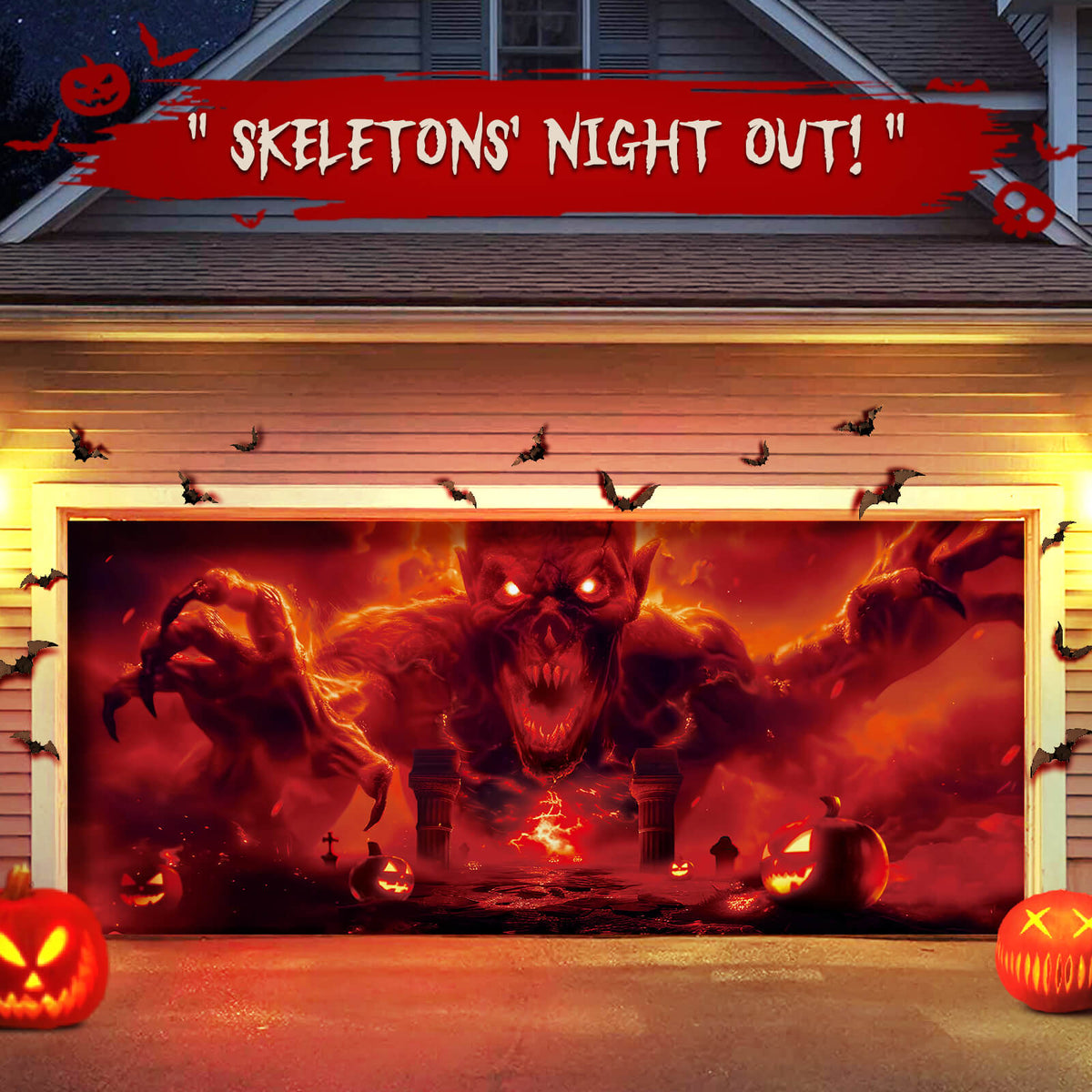 Halloween Garage Door  Cover, 7x16 ft, Ghost Fire
