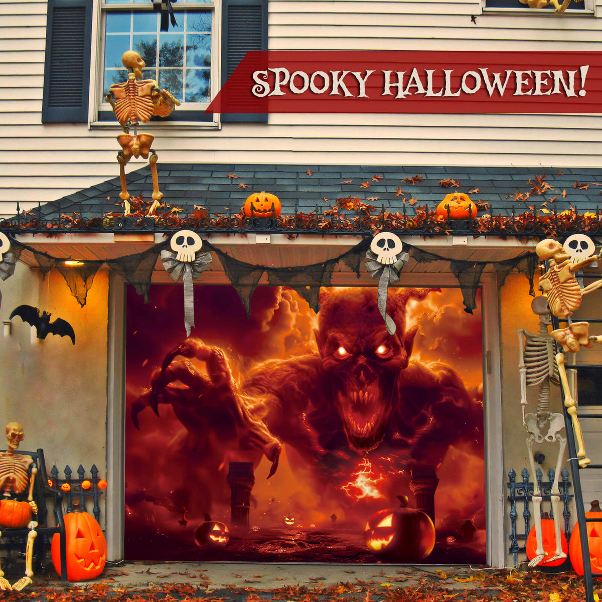 Halloween Garage Door Cover, 7x8 ft, Ghost Fire