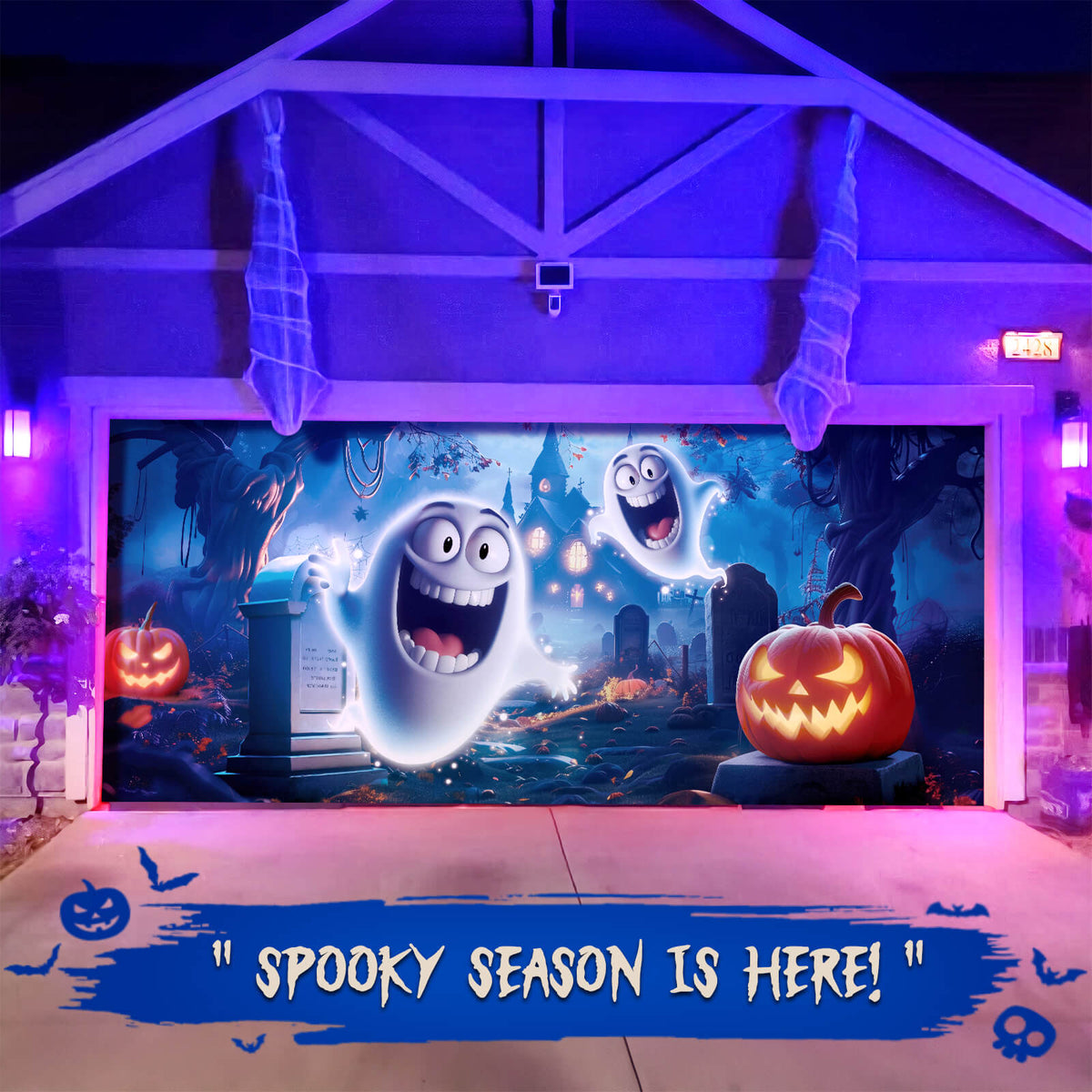 Halloween Garage Door Cover, 7x16 ft, Cute Ghost