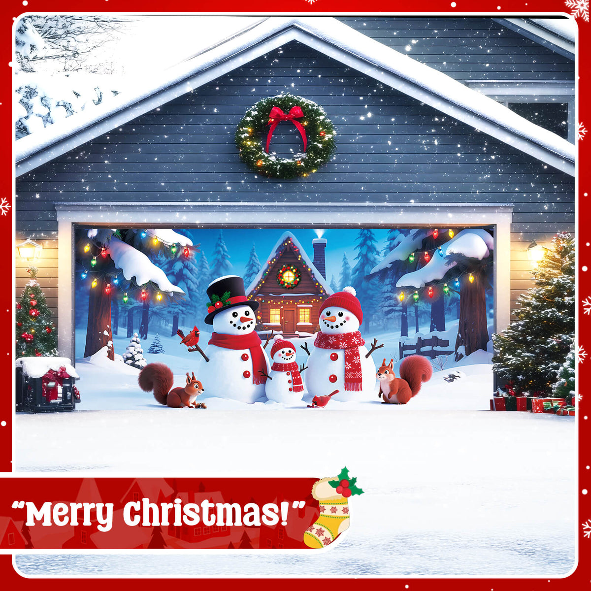 Christmas Garage Door Cover, 7x16 ft, Snowman Family
