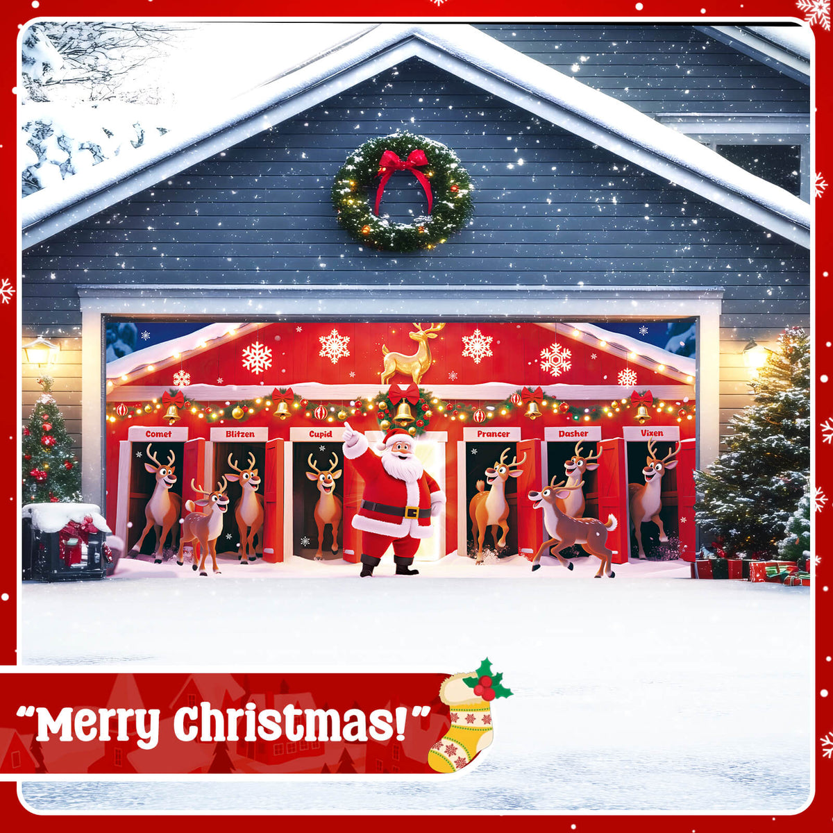 Christmas Garage Door Cover, 7x16 ft, Santa and His Reindeer Team