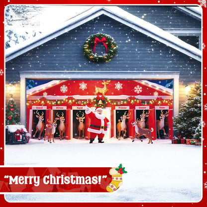 Christmas Garage Door Cover, 7x16 ft, Santa and His Reindeer Team