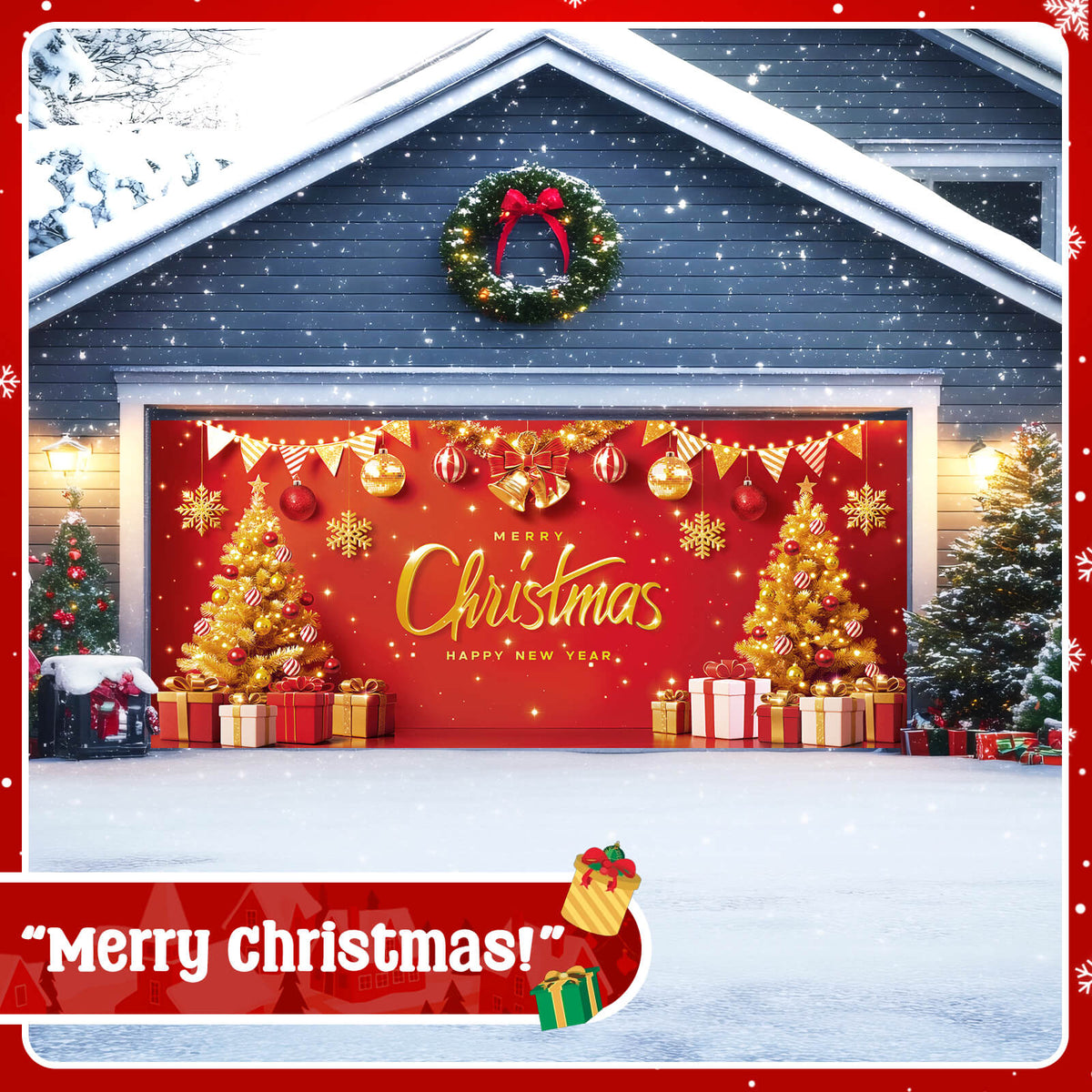 Christmas Garage Door Cover, 7x16 ft, Red & Gold Merry Christmas