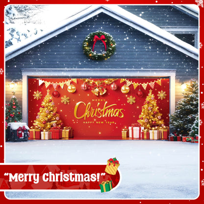 Christmas Garage Door Cover, 7x16 ft, Red & Gold Merry Christmas