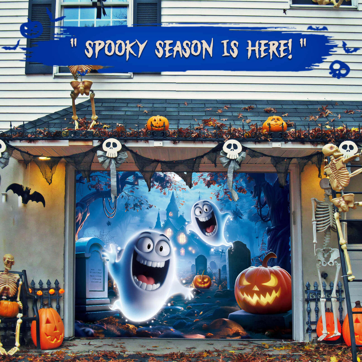 Halloween Garage Door Cover, 7x8 ft, Cute Ghost