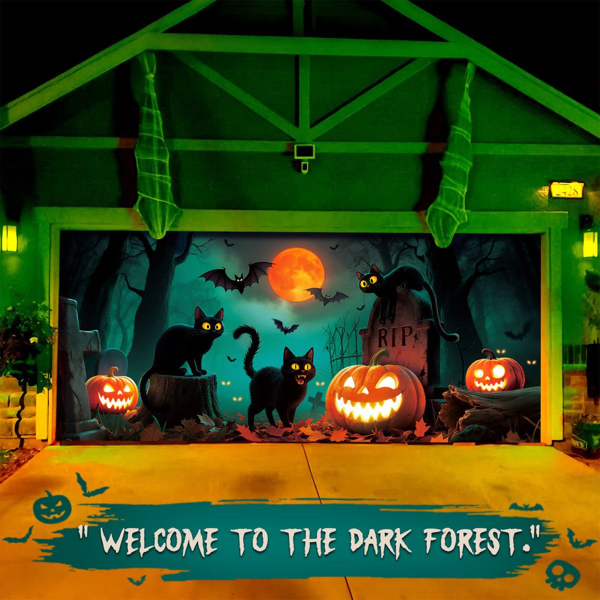 Halloween Garage Door Cover, 7x16 ft,  Black Cats