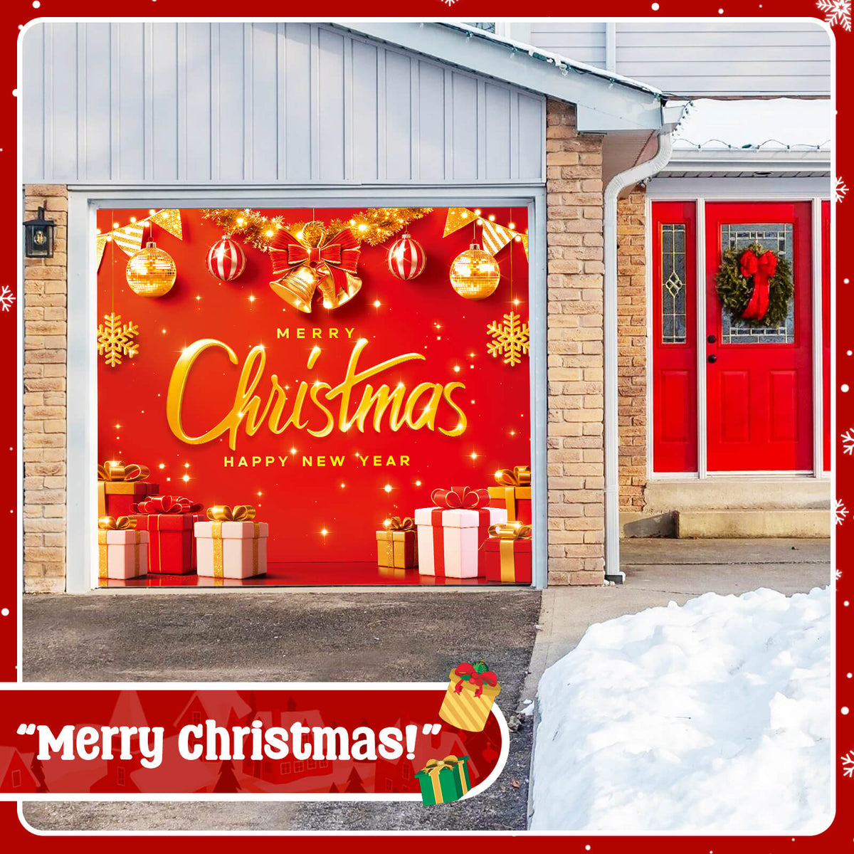 Christmas Garage Door Cover, 7x8 ft, Red & Gold Merry Christmas