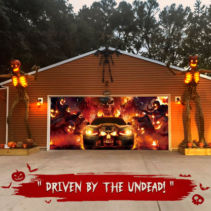 Halloween Garage Door Cover, 7x16 ft, Skull & Fire Vehicle