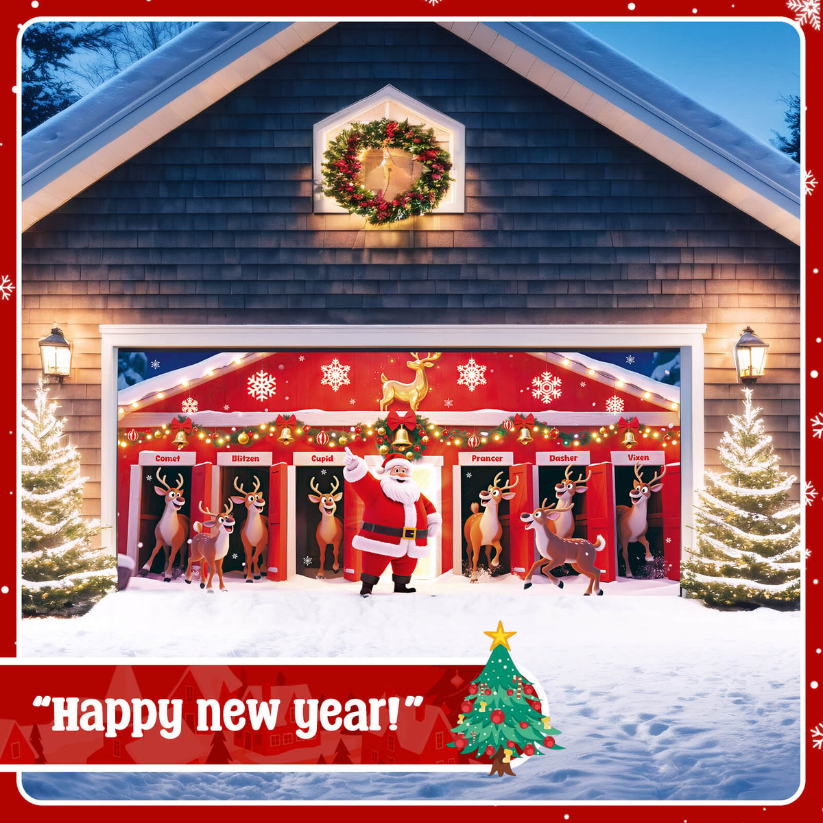 Christmas Garage Door Cover, 7x16 ft, Santa and His Reindeer Team