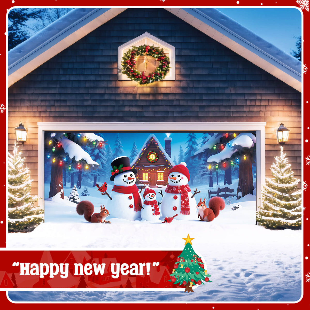 Christmas Garage Door Cover, 7x16 ft, Snowman Family