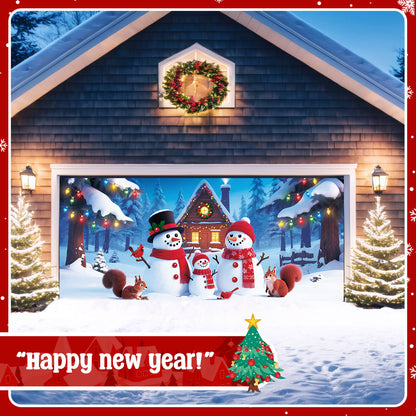 Christmas Garage Door Cover, 7x16 ft, Snowman Family