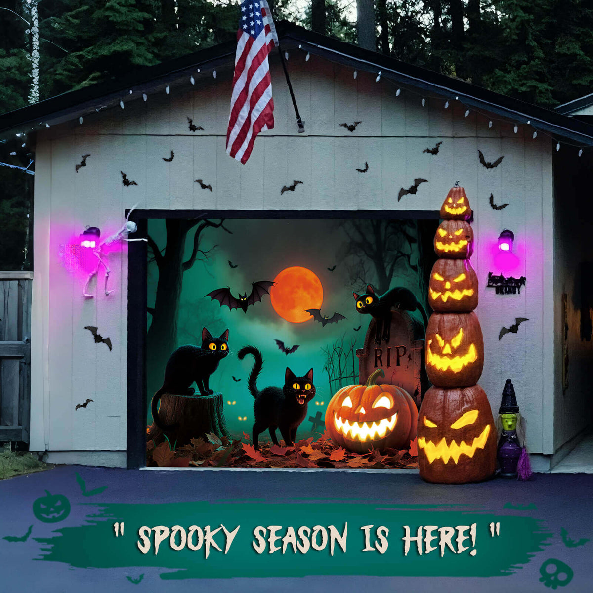 Halloween Garage Door Cover, 7x8 ft,  Black Cats