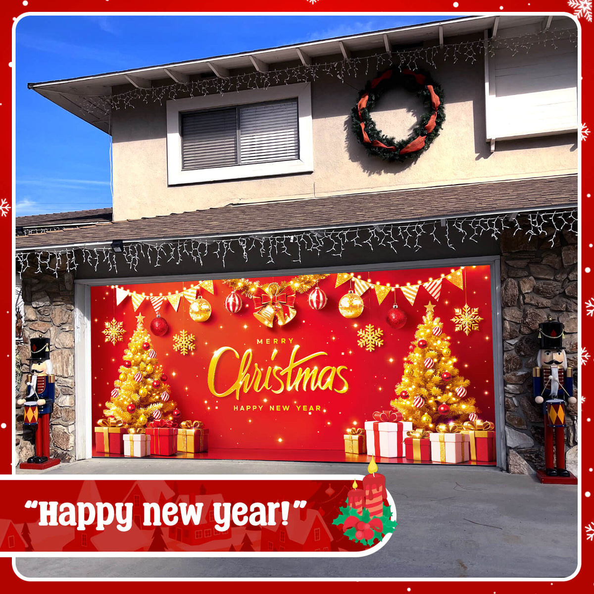 Christmas Garage Door Cover, 7x16 ft, Red & Gold Merry Christmas