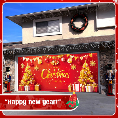 Christmas Garage Door Cover, 7x16 ft, Red & Gold Merry Christmas