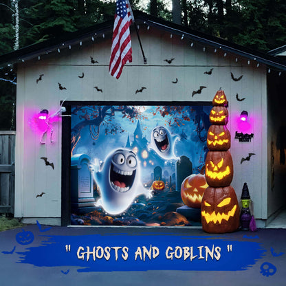Halloween Garage Door Cover, 7x8 ft, Cute Ghost