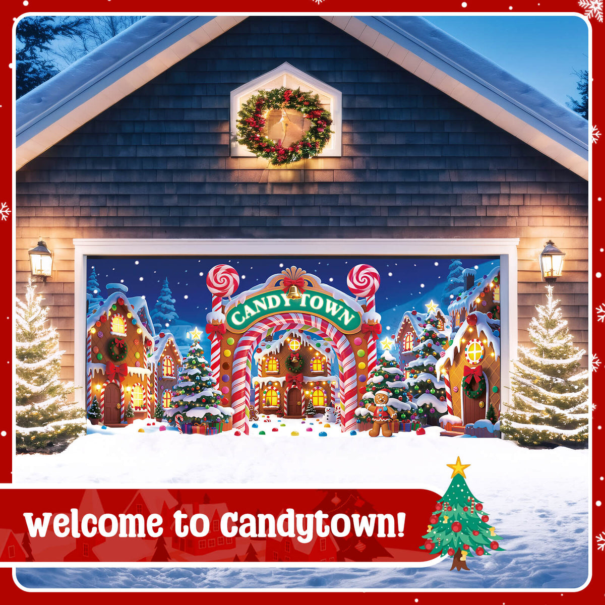 Christmas Garage Door Cover, 7x16 ft, Candy Town