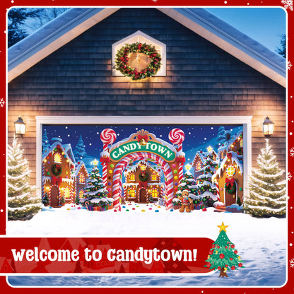 Christmas Garage Door Cover, 7x16 ft, Candy Town