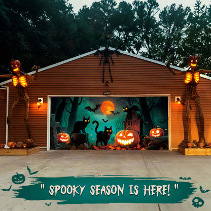 Halloween Garage Door Cover, 7x16 ft,  Black Cats