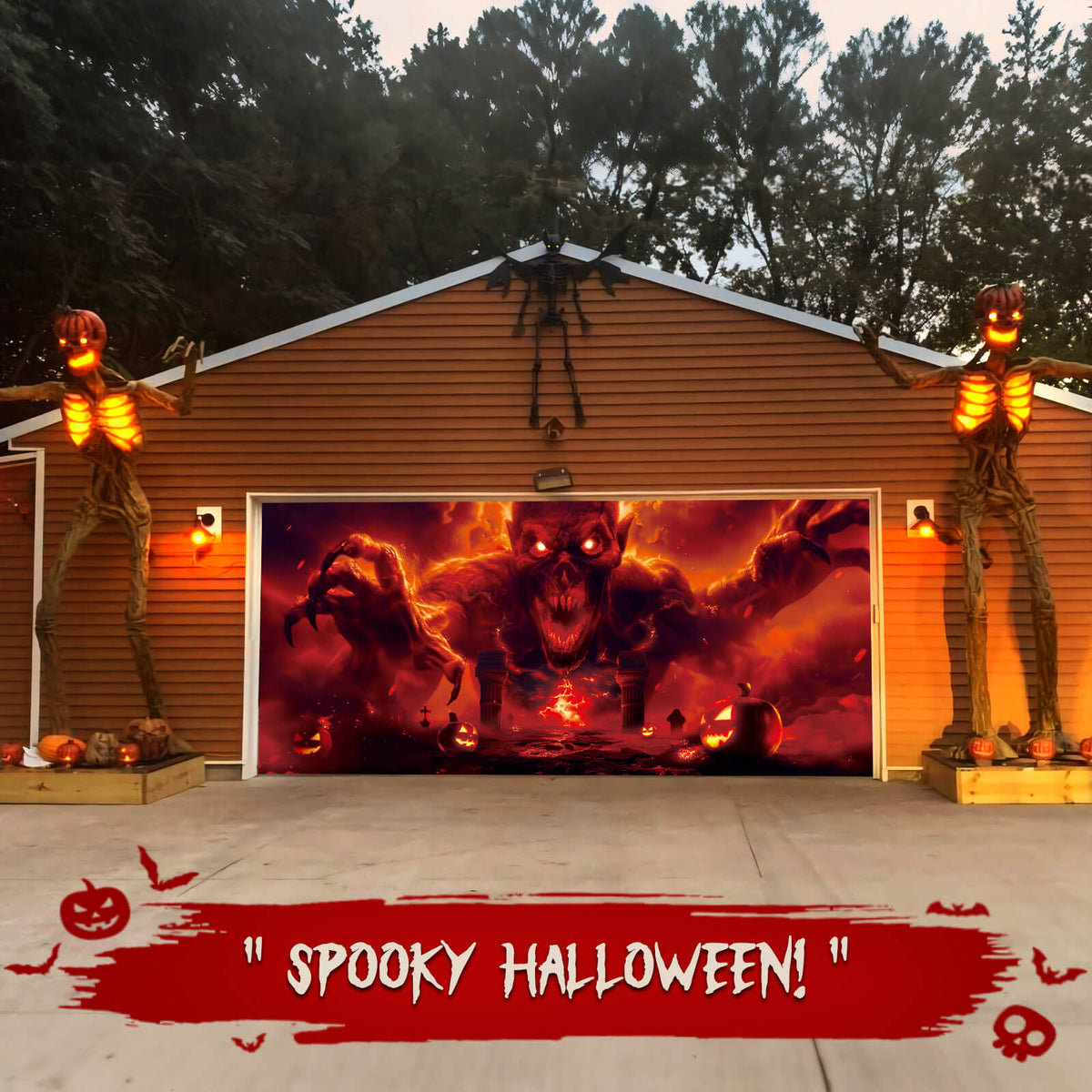 Halloween Garage Door  Cover, 7x16 ft, Ghost Fire