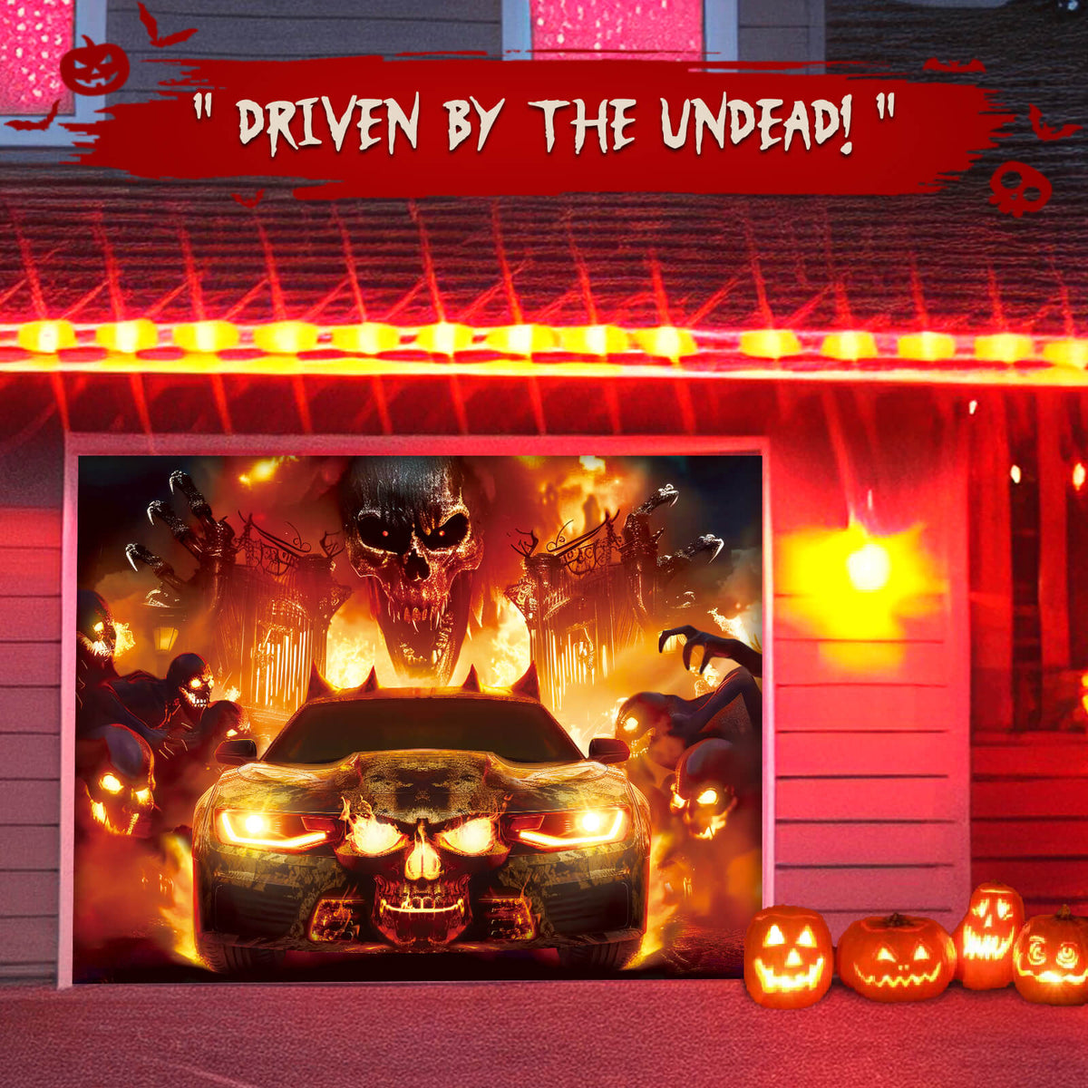 Halloween Garage Door Cover, 7x8 ft, Skull & Fire Vehicle