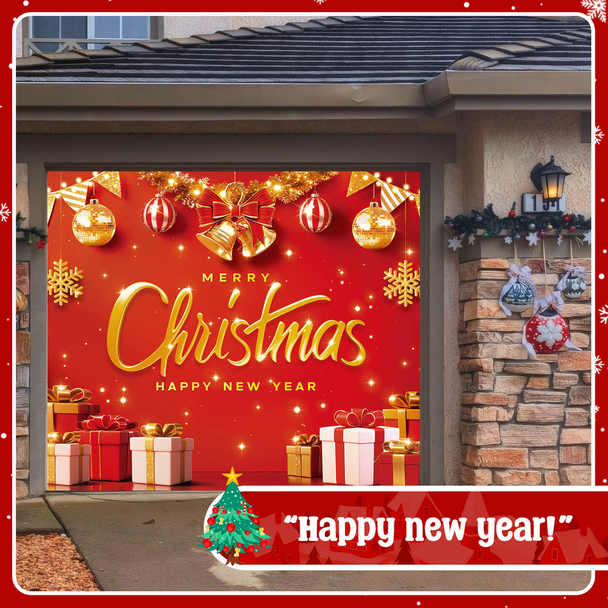 Christmas Garage Door Cover, 7x8 ft, Red & Gold Merry Christmas