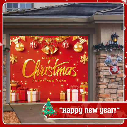Christmas Garage Door Cover, 7x8 ft, Red & Gold Merry Christmas