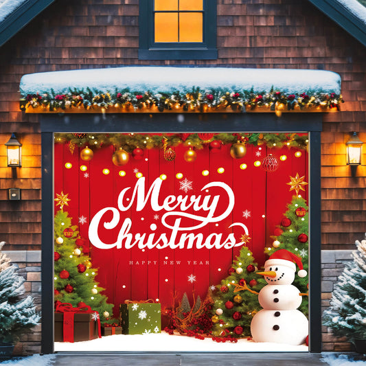 Christmas Garage Door Cover, 7x8 ft, Merry Christmas with Snowman