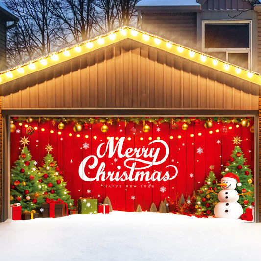 Christmas Garage Door Cover, 7x16 ft, Merry Christmas with Snowman