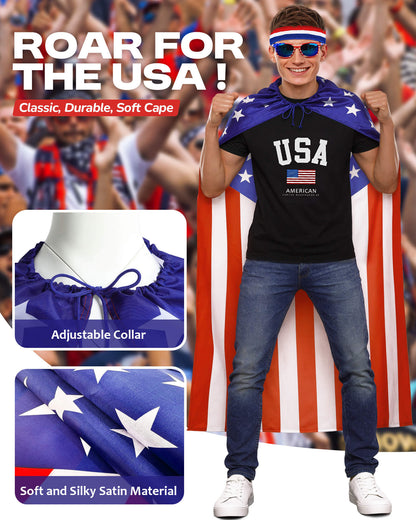American Flag Cape Set with Star Headband, Sunglasses & Tattoos