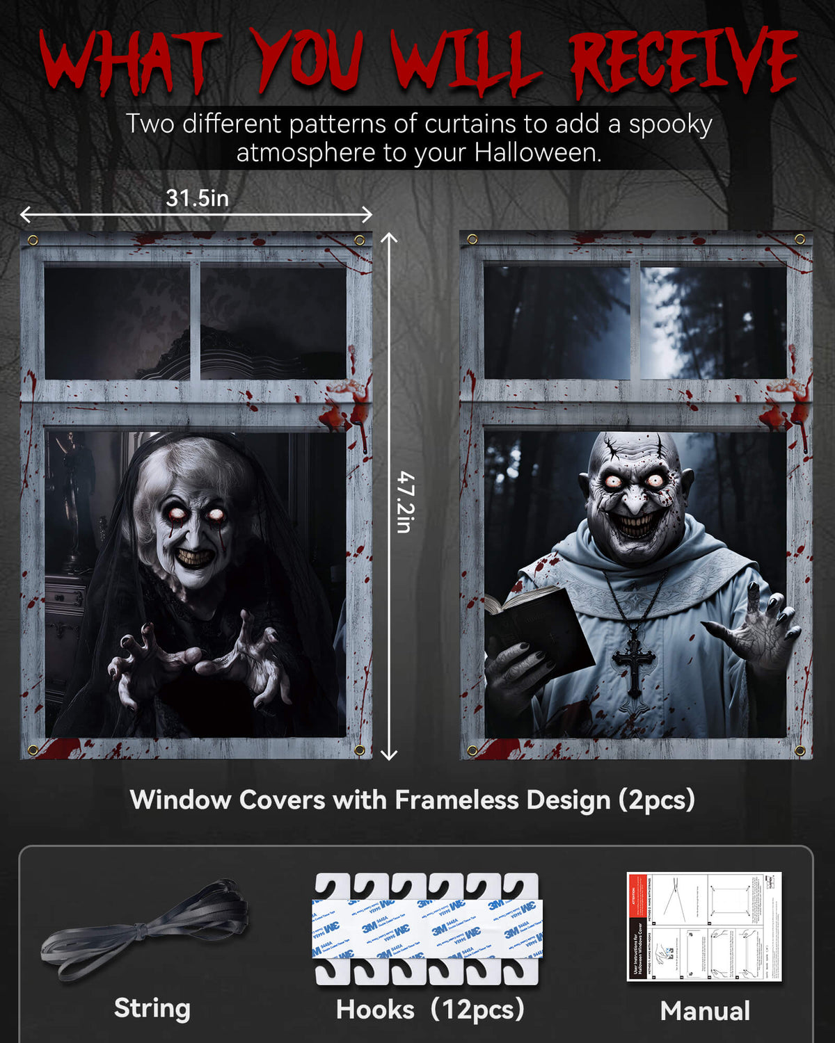 2 Pack of Halloween Window Cover, Corrupt Priest Ghost